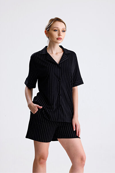 Espuar Women's Front Buttoned Striped Shorts Set