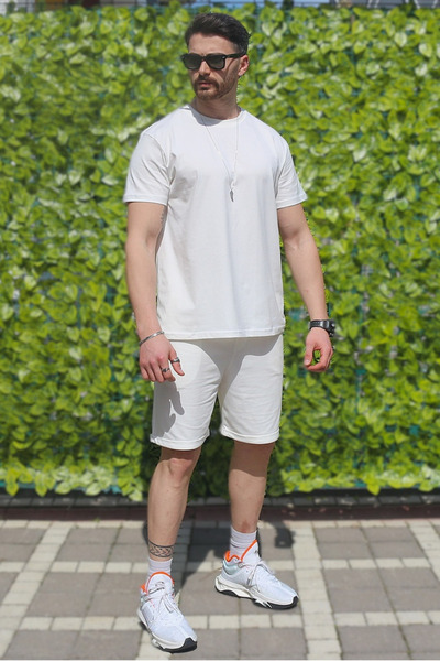 EydaMoon Men's White Set of 2 Regular 100% Cotton Single Jersey Combed Cotton Fabric Top and Bottom Set