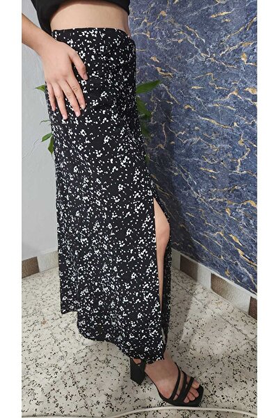 Markasız ucuz siyahbeyaz desenli yırtmaç detaylı etek