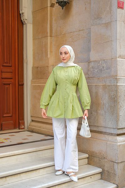 LOCCO Women's Ribbed Waist Poplin Shirt Green