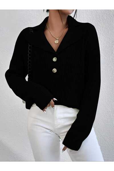 Gülçin Coşkun Buttoned Jacket Collar Comfortable Fit Women's Knitwear Sweater
