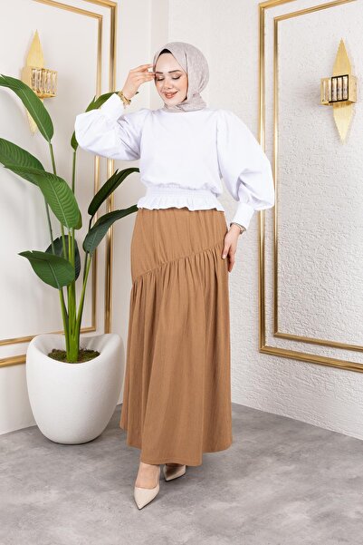 Moda Ebva Beli Lastikli Büzgülü Etek-5026 Latte