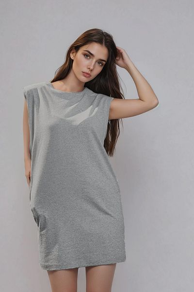 poupee Women's Dress, Gray Women's Dress, Gray Combed Cotton Dress, Padded Dress, Sleeveless Dress