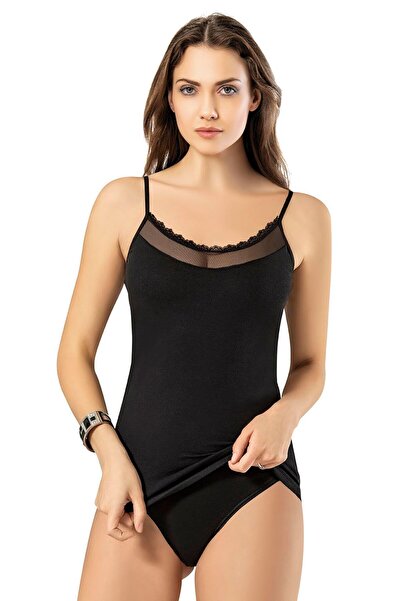 Astra Plus Women's Thin Rope Strap Lace and Transparent Stripe Undershirt Black Single - Black - Astpskoa-6W22S0-Si