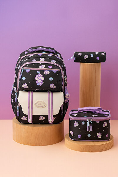 nacar çarşı Set de 3 genți pentru școală primară, în stil coreean, mov și neg...