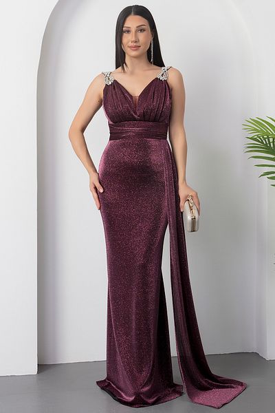 PULLIMM Shoulder Stone Detail Silvery Evening Dress 39844