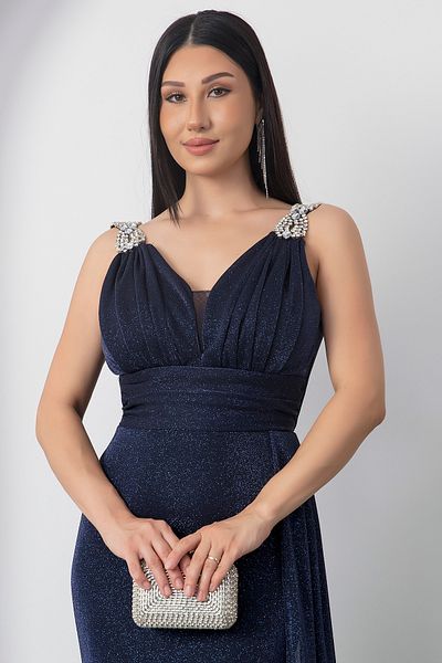 PULLIMM Shoulder Stone Detail Silvery Evening Dress 39844
