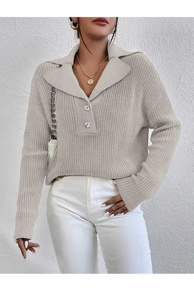 Gülçin Coşkun Buttoned Jacket Collar Comfortable Fit Women's Knitwear Sweater