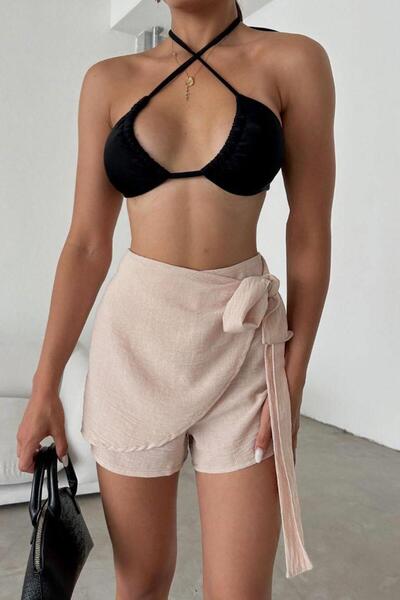 Baby xclub Beige Linen Lacing Detailed High Waist Slim Casual Zippered Stylish Trendy Summer Mini Shorts Skirt