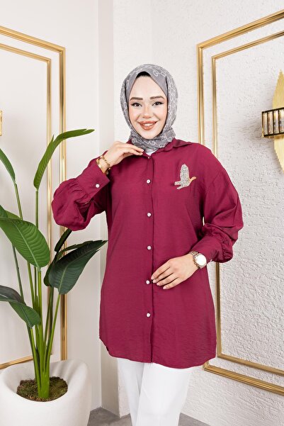 Moda Ebva Taş Ve Düğme Detaylı Tunik-5263 Bordo