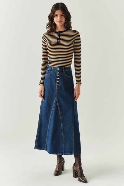 Exquise Cotton Pocket Denim Regular Midi Indigo Skirt
