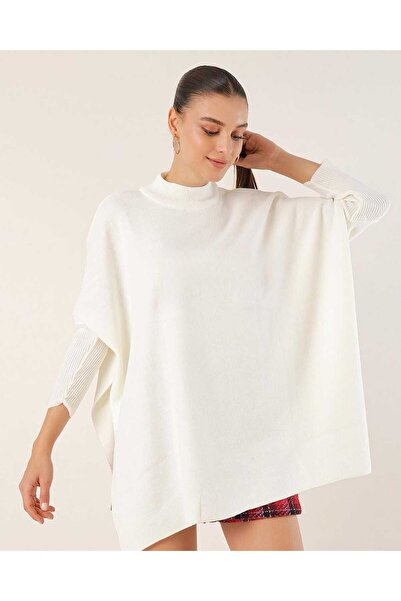 ROKİDS Women's Black Side Slit Oversize Poncho Knitwear Sweater