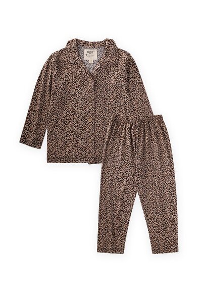 Cigit Flowy Shirt Collar Pajamas Suit 2-8 Years Leopard Pattern