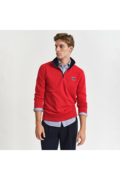 Gant Erkek Kırmızı Regular Fit Yarım Fermuarlı Logolu Sweatshirt
