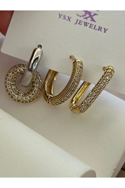 Çelik Taşlı 3lü her kombine uygun şık küpe