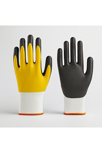 Badem10 Double Nitrile (Yellow-Black) No: 10 Size XL Polyester Double Nitrile Work Safety Construction Gloves