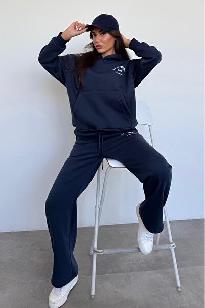 Madmext Navy Blue Hooded Printed Women's Tracksuit Set Mg2524