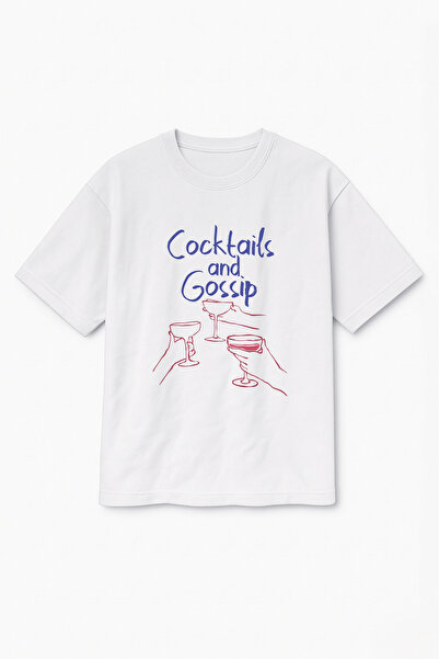 Altair Tr تي شيرت أبيض كبير الحجم مطبوع عليه كوكتيل للجنسين