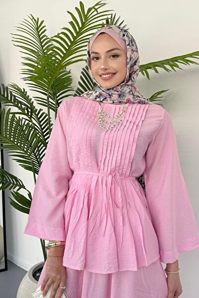 Modaensarbutik Nervül Dikişli Biye Kemerli Etekli Tesettür Takım-PEMBE