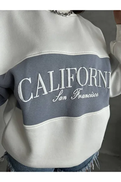 VESS MODA Women's Oversize 3-Thread Combed Cotton Raised California Embroidered Sweatshirt