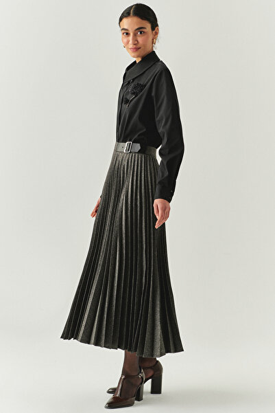 Exquise Herringbone Patterned Pleated High Waist Buckle Regular Midi Skirt