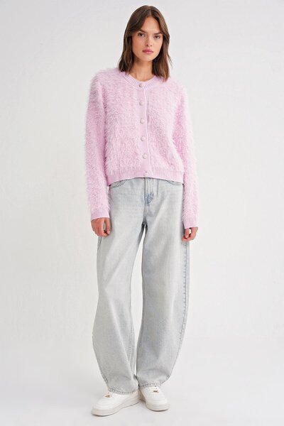 Mixray 6897 Women's Long Beard Tape Detailed Knitwear Cardigan Pink