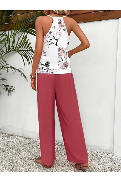 MetuCA Women's Double Set with Rope Strap, V-Neck, Single Jersey Blouse and Aerobin Trousers