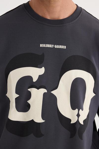 Tudors Erkek Relax Fit Rahat Kesim Pamuklu Lastikli Kol Bisiklet Yaka Baskılı Antrasit Sweatshirt