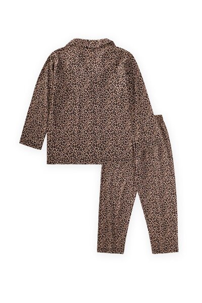Cigit Flowy Shirt Collar Pajamas Suit 2-8 Years Leopard Pattern