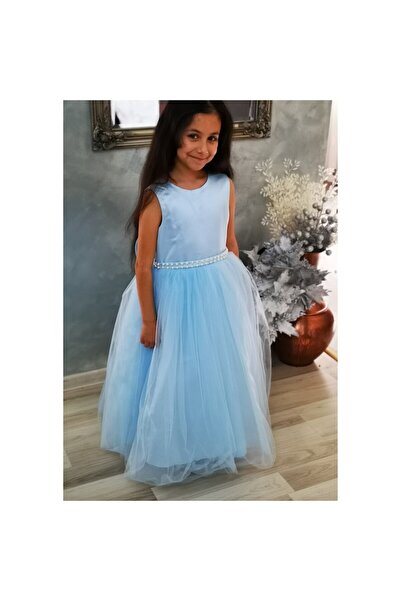 OEM Rochie de prințesă cu perle și font, design cu spate în V, albastră, 7-8 ani, 120-130 cm