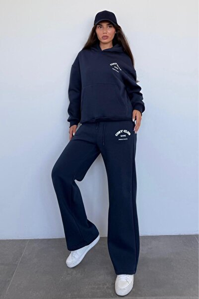 Madmext Navy Blue Hooded Printed Women's Tracksuit Set Mg2524