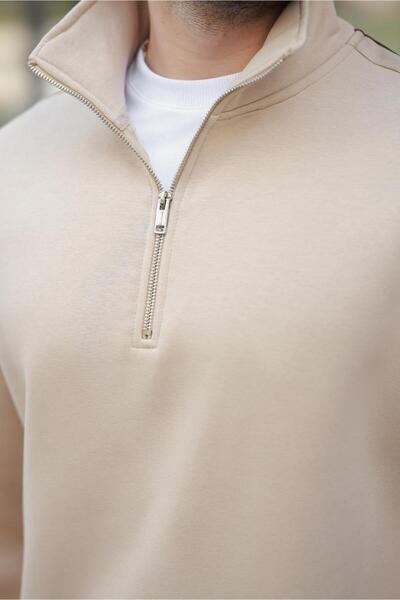 Madmext Μπεζ μισό ζιβάγκο ανδρικό φούτερ με φερμουάρ E7164