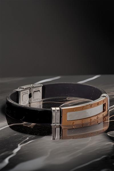OSMANLI GÜMÜŞ Men's Steel Bracelet - Name Writable Rose Color Rubber Model Bracelet