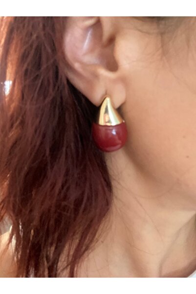 Byoz store Damla Model Antiallergic Gold and Burgundy Matching Earrings