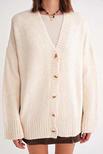 Mixray 6927 Women's Soft Textured Casual Basic Knitwear Cardigan Natural