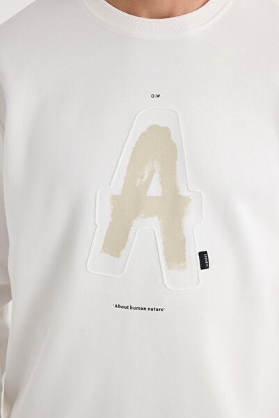 Tudors Unisex Relax Fit Rahat Kesim Pamuklu Yumuşak Dokulu Bisklet Yaka İç Polarlı Baskılı Ekru Sweatshirt