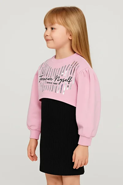 Kübra Tekstil Girls' Two-Piece Suit – Black Dress and Pink Sweatshirt, Stylish Casual Combination, Girls' Dress