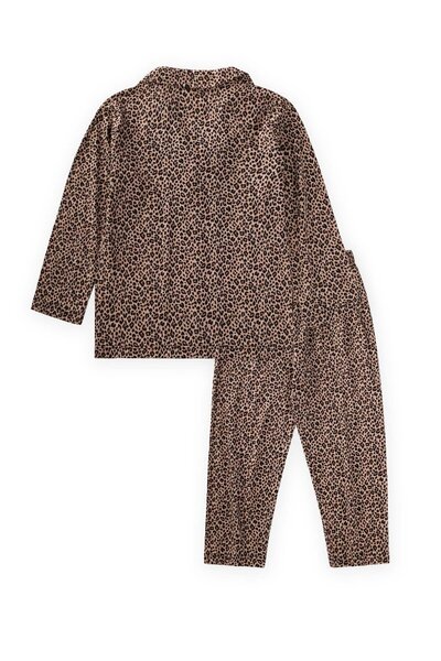 Cigit Flowy Shirt Collar Pajamas Set 8-12 Years Leopard Pattern