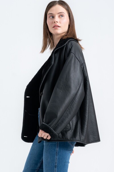 Lebeni Kadın Kürk Mont – Gerçek Kuzu Derisi Siyah Ceket Yumuşak Dokulu Deri O...