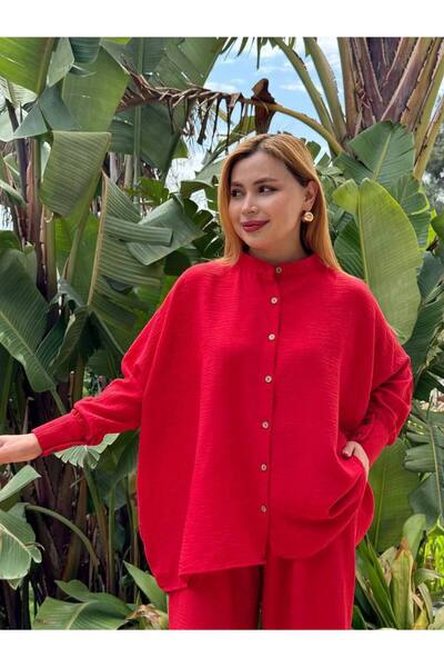 369 etnik butik Oversize Comfortable Fit Two-Piece Suit – Buttoned Blouse & Wide Leg Trousers