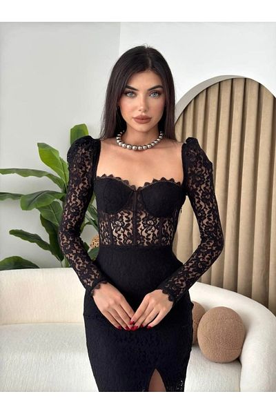 Afiş Butik Black Bust Cup Lace Slit Midi Dress