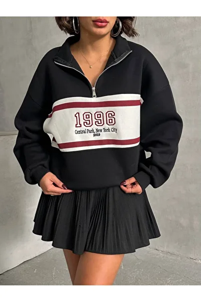 VESS MODA Women's Oversize Combed Cotton 3 Thread Raised Half Zipper 1996 Embroidered Sweatshirt