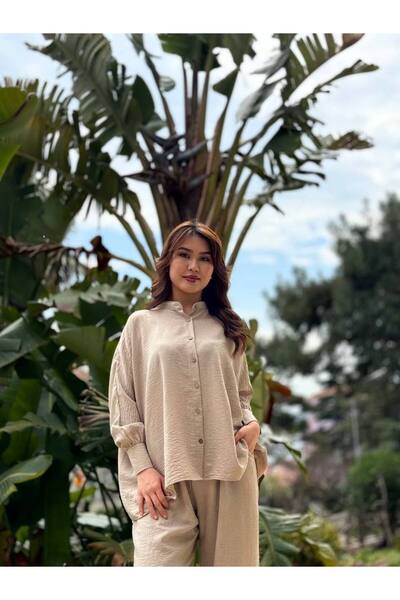 369 etnik butik Oversize Comfortable Fit Two-Piece Suit – Buttoned Blouse & Wide Leg Trousers
