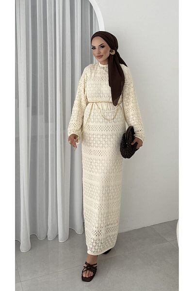 Molly Nelly Women's Lined Belt Detailed Long Mesh Tulle Dress