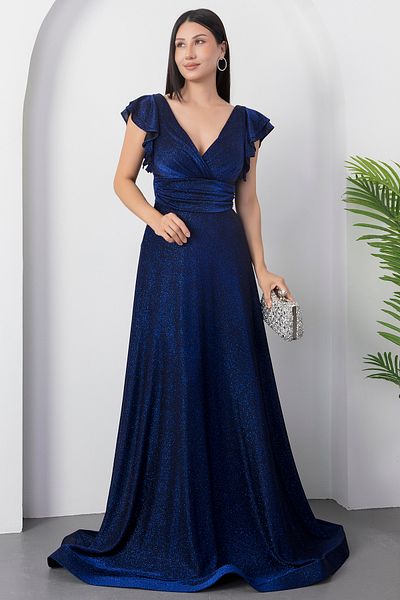 PULLIMM Sleeve Flounce Glitter Evening Dress 39925