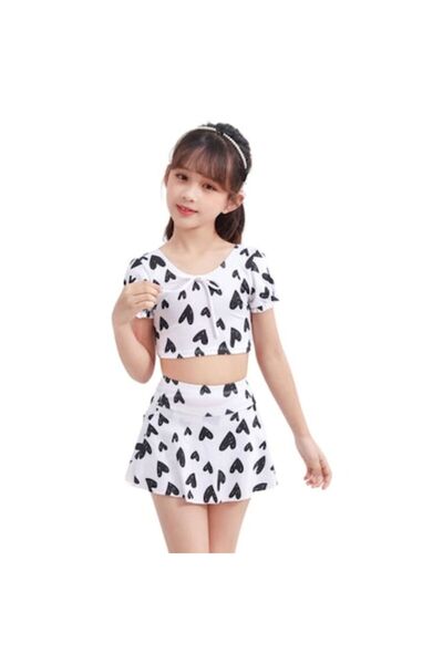 Mixbo Costum de Baie Mixbo, Doua Piese, Fusta - Pantalon si Tricou, Black Hearts, 9-10 ani