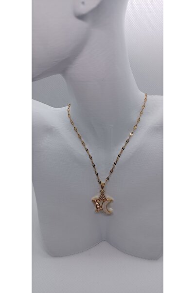 Çelik kolye taşlı Yıldız sedefli ay kolye