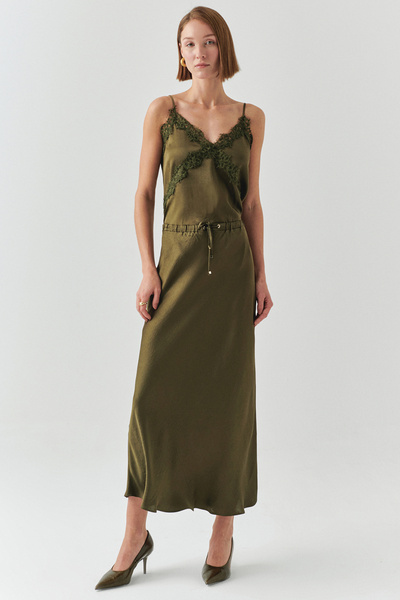 Exquise Lace-Up Regular Satin Midi Skirt
