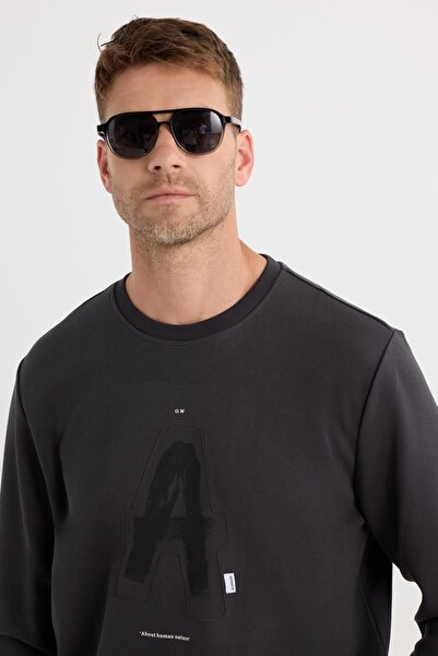 Tudors Unisex Relax Fit Pamuklu Yumuşak Dokulu Bisiklet Yaka İçİ Polarlı Baskılı Antrasit Sweatshirt