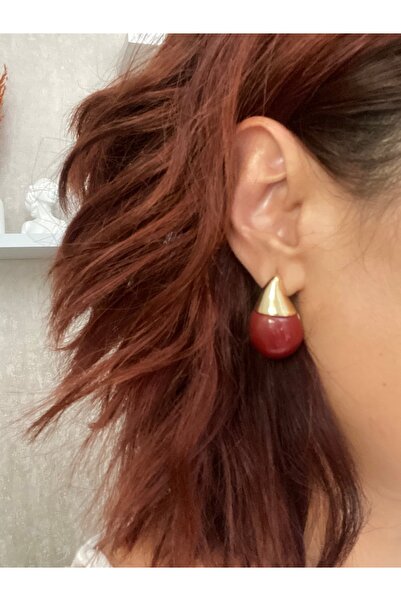 Byoz store Damla Model Antiallergic Gold and Burgundy Matching Earrings